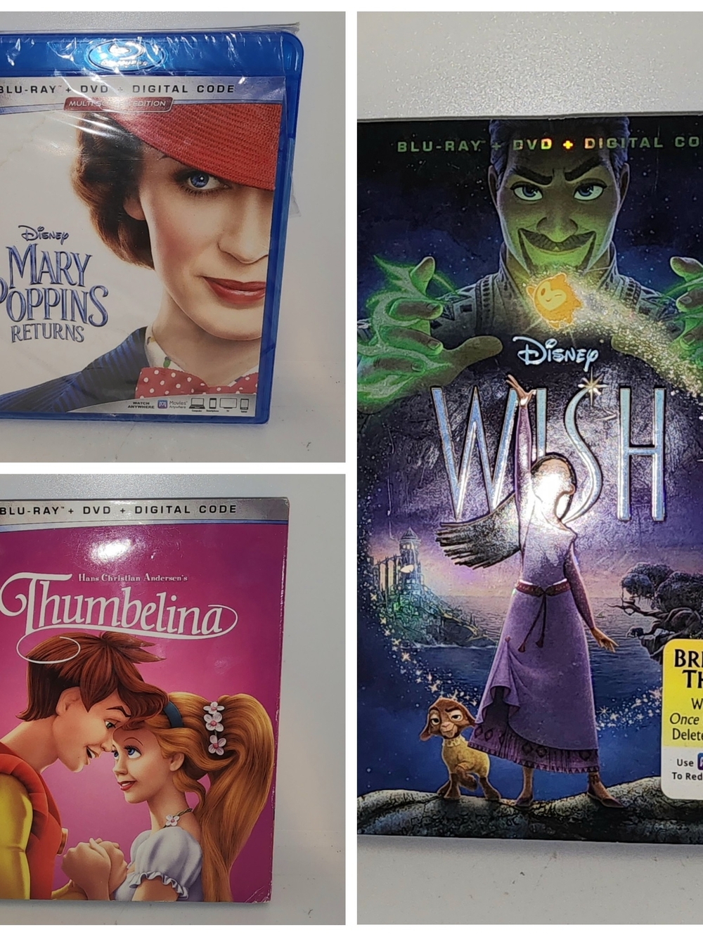 Disney Wish, Mary Poppins, and Thumbelina Blu Ray and DVD combos